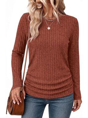 👚Women's Caramel Long Sleeve Shirts Side Ruched Early Fall Crewneck Tunic Tops